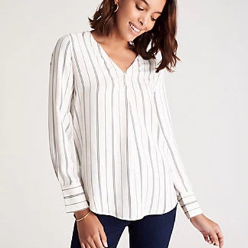 NWT ANN TAYLOR PINSTRIPE MIXED MEDIA PLEAT FRONT TOP L